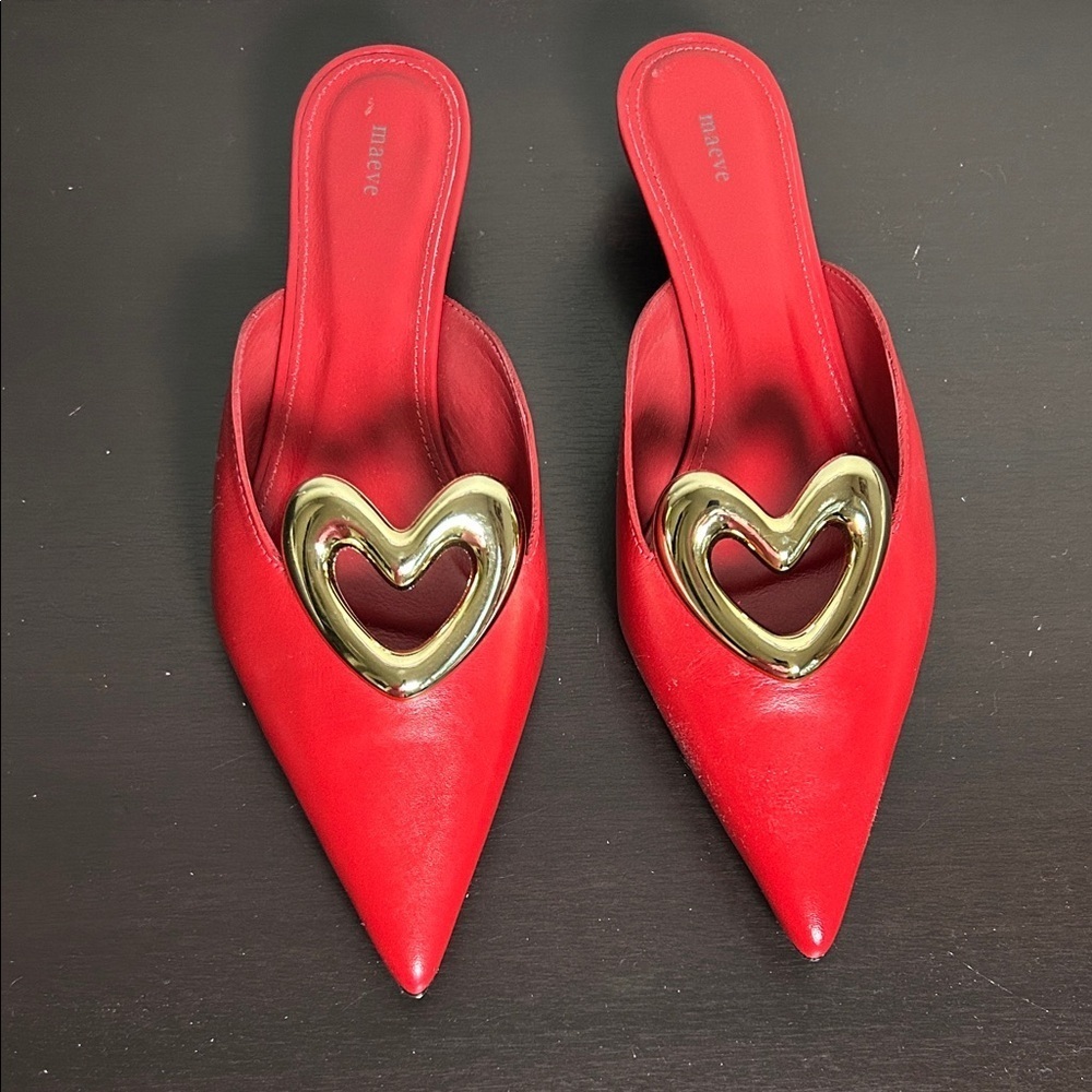 Maeve Heart Mule Heels Red Leather Slip On Kitten Heel Love Sz 38 US 7-7.5 NEW - Picture 3 of 11